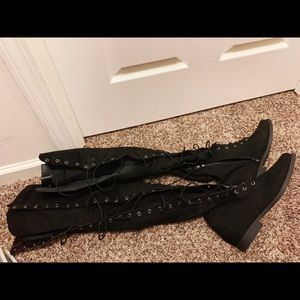 Black Thigh High Lace Up Flat Boot